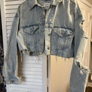 Zara Women's Cropped Distressed Jean Jacket